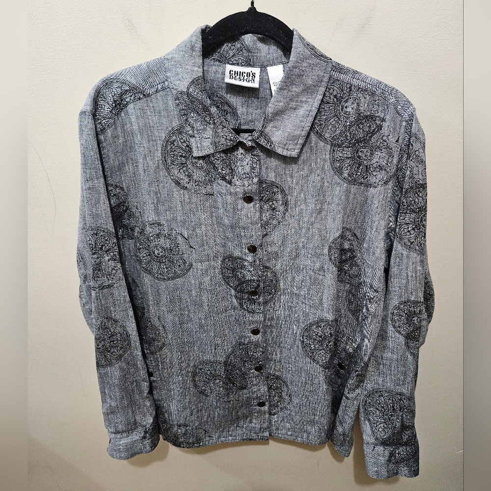 Chico's Design 100% Linen Gray Mandala Mayan Vintage Button Artsy Shirt Large 12